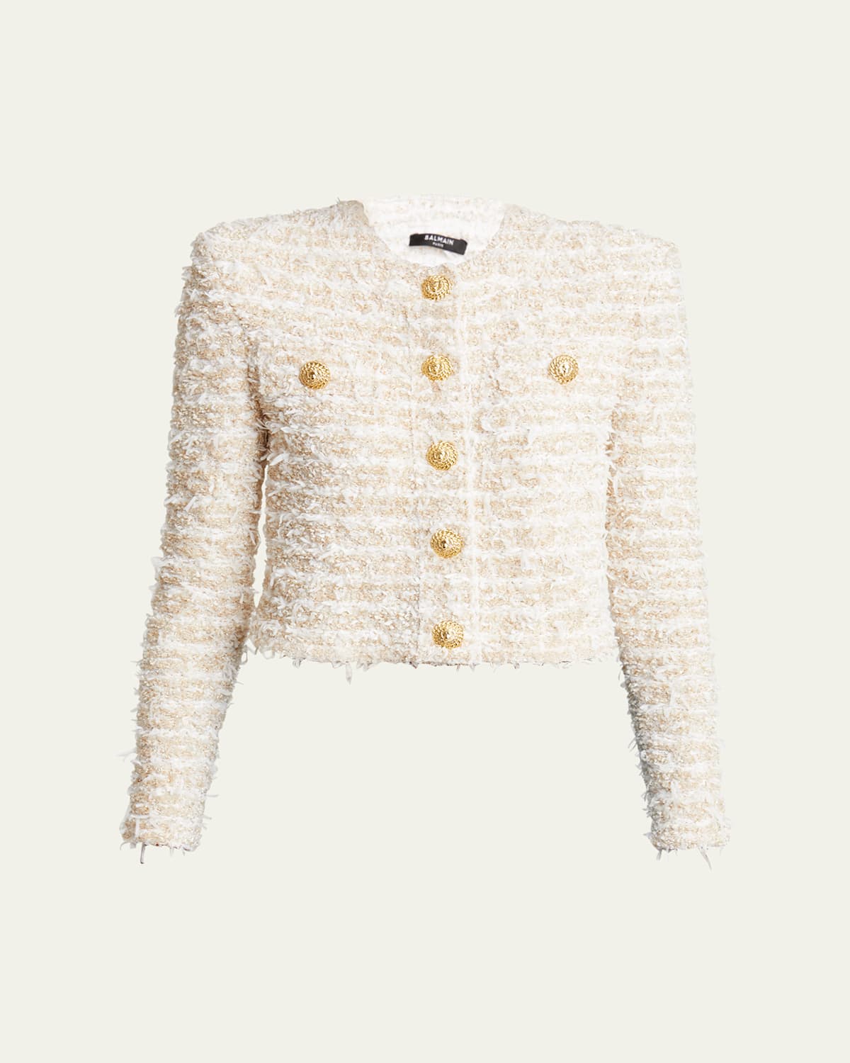 Balmain White Crewneck Cardigan With Jewel Buttons In White Gold