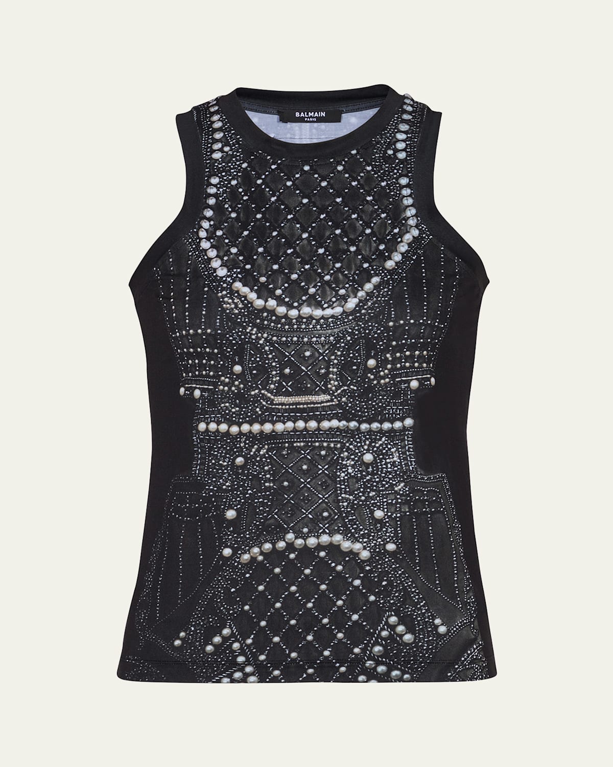 Balmain Pearl Crystal Trompe Loeil Tank Top In Blk White