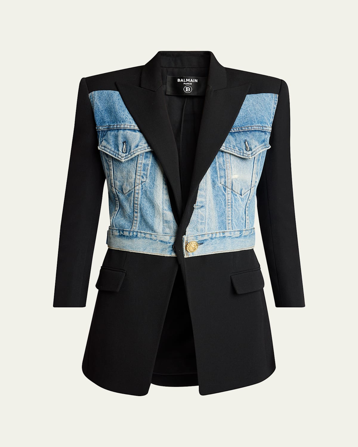 Balmain Long Hybrid Denim Wool Blazer In Black Hologram Blue