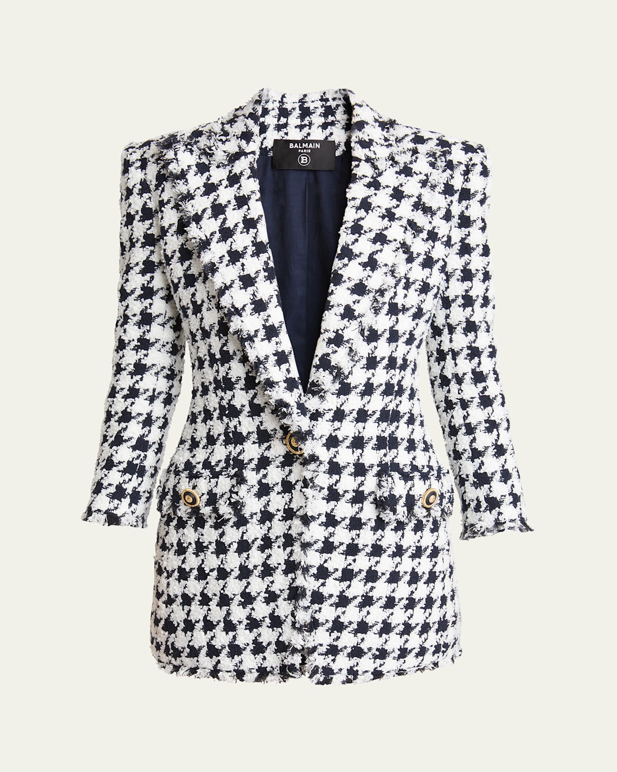 Balmain Long Tweed Houndstooth Blazer In Navy White