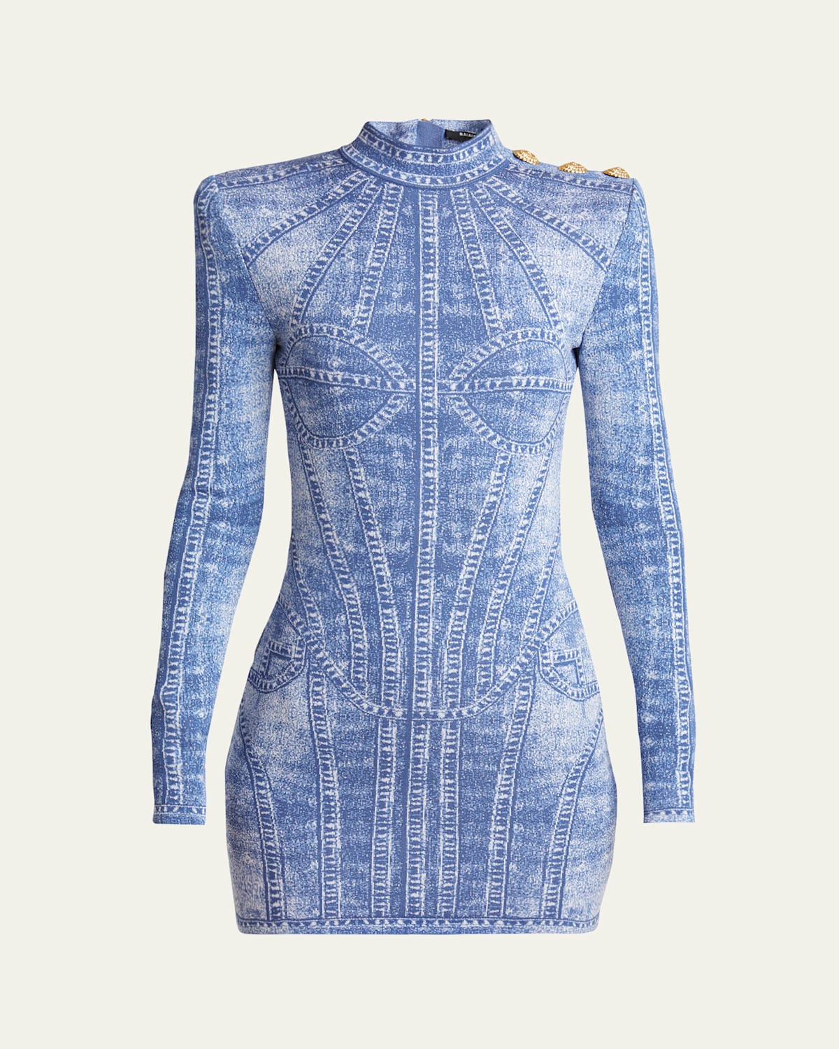 Shop Balmain Denim Trompe Loeil Buttoned Shoulder Mini Dress In Blue