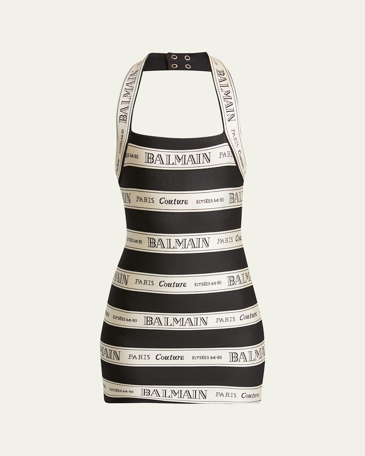 Balmain Striped Halterneck Jacquard Minidress In Blk Beige