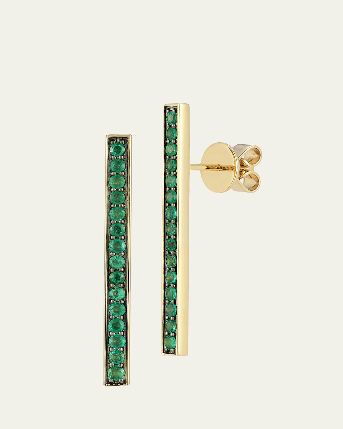 18K Yellow Gold and Green Emerald Bar Earrings