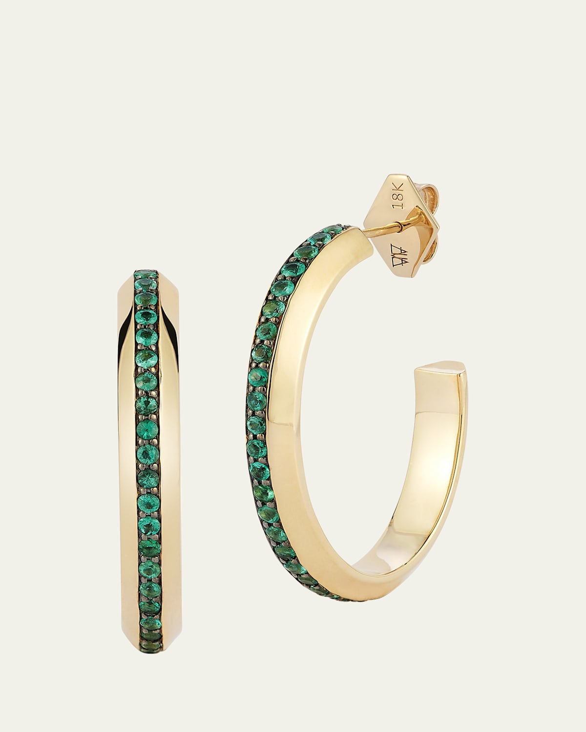 18K Yellow Gold and Green Emerald Knife Edge Hoop Earrings