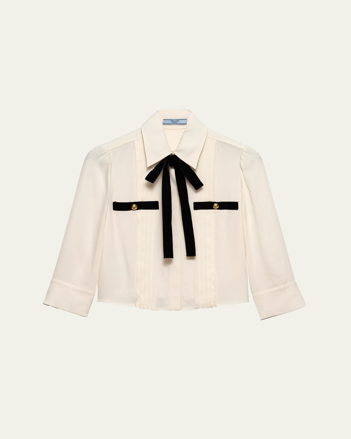 Prada Pleated Bow Cropped Blouse In F0304 Avorio