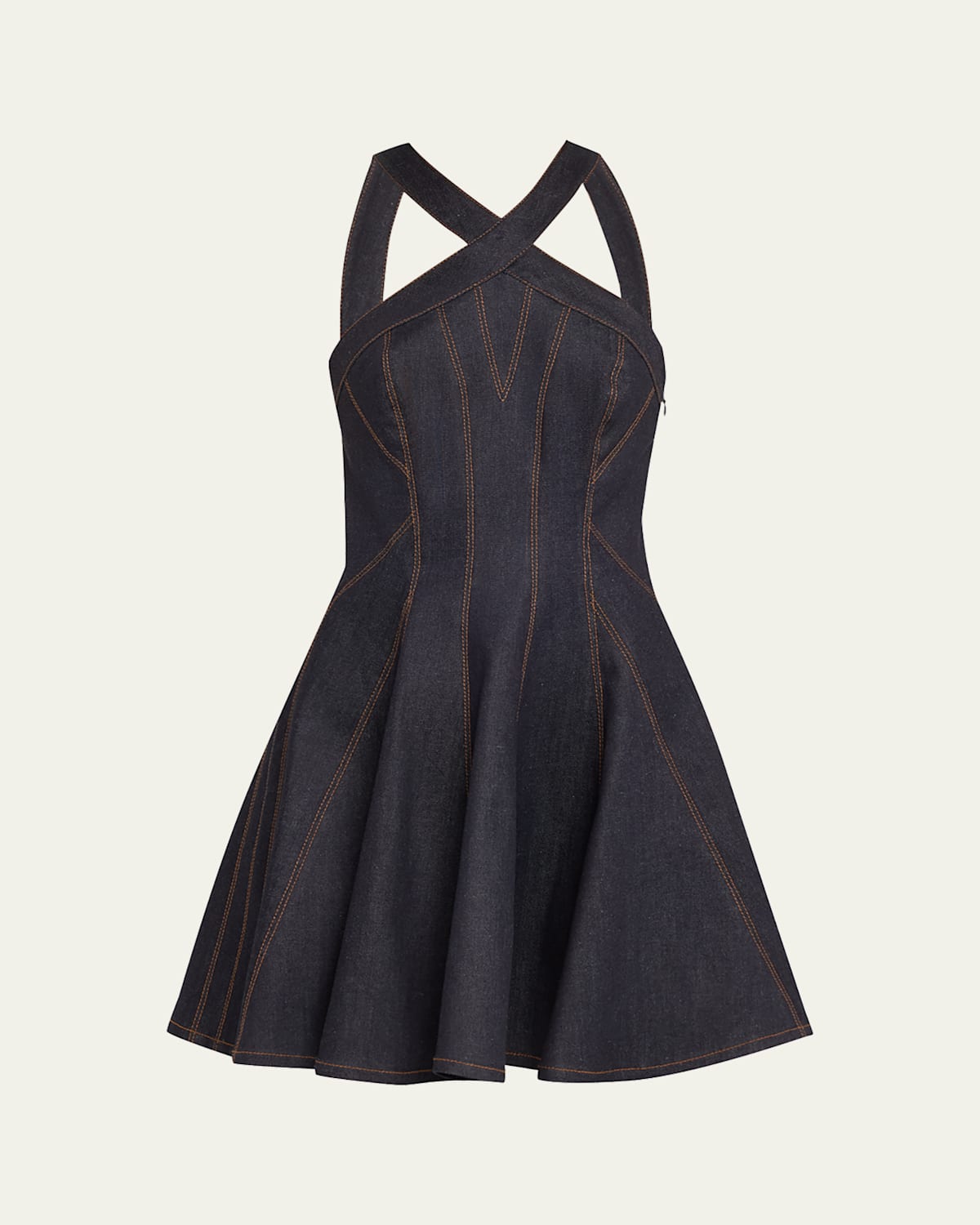 Halter Curved Seam Denim Mini Skater Dress