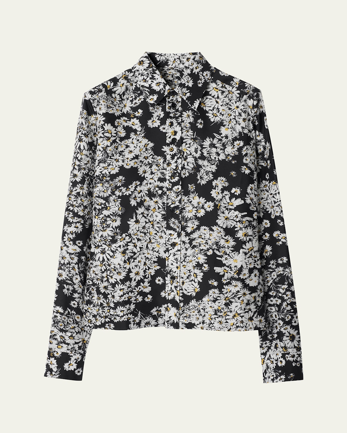 Burberry Flower Print Button Down Silk Top In Black Ip Pat
