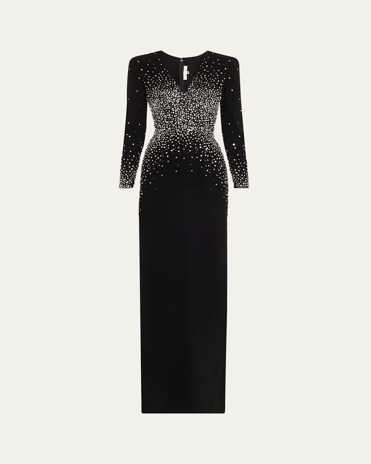 V-Neck Crystal Long Sleeve Column Gown