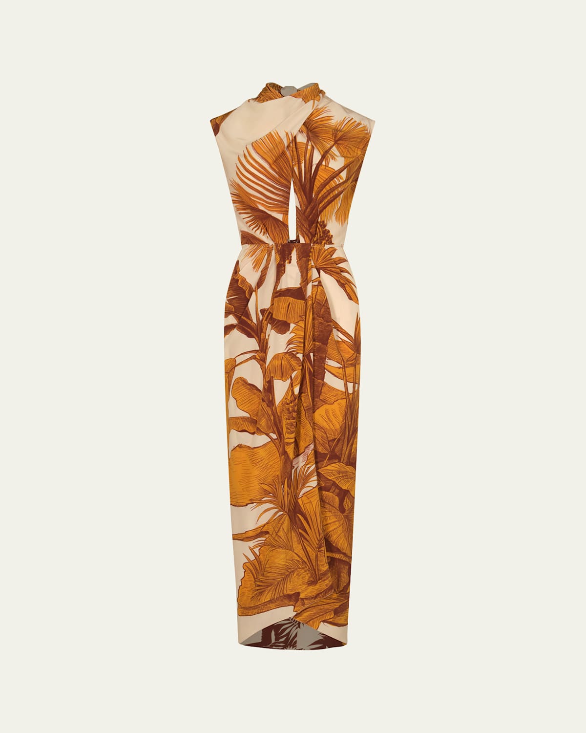 Johanna Ortiz Sailing Sunset Draped Silk Midi Dress In Tropical Exuberance - Ecru-yellow-brown