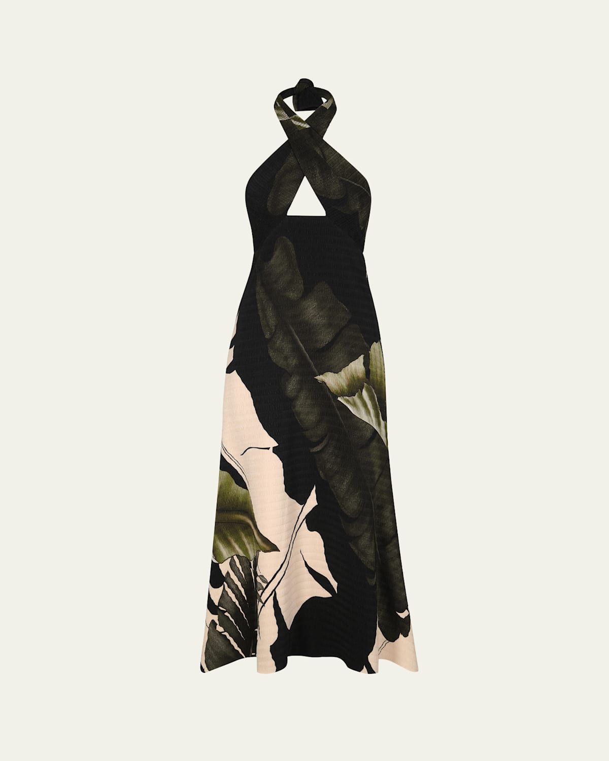Johanna Ortiz Elegant Expedition Criss Cross Halter Midi Dress In Palm Shadows Fairy - Green-ecru