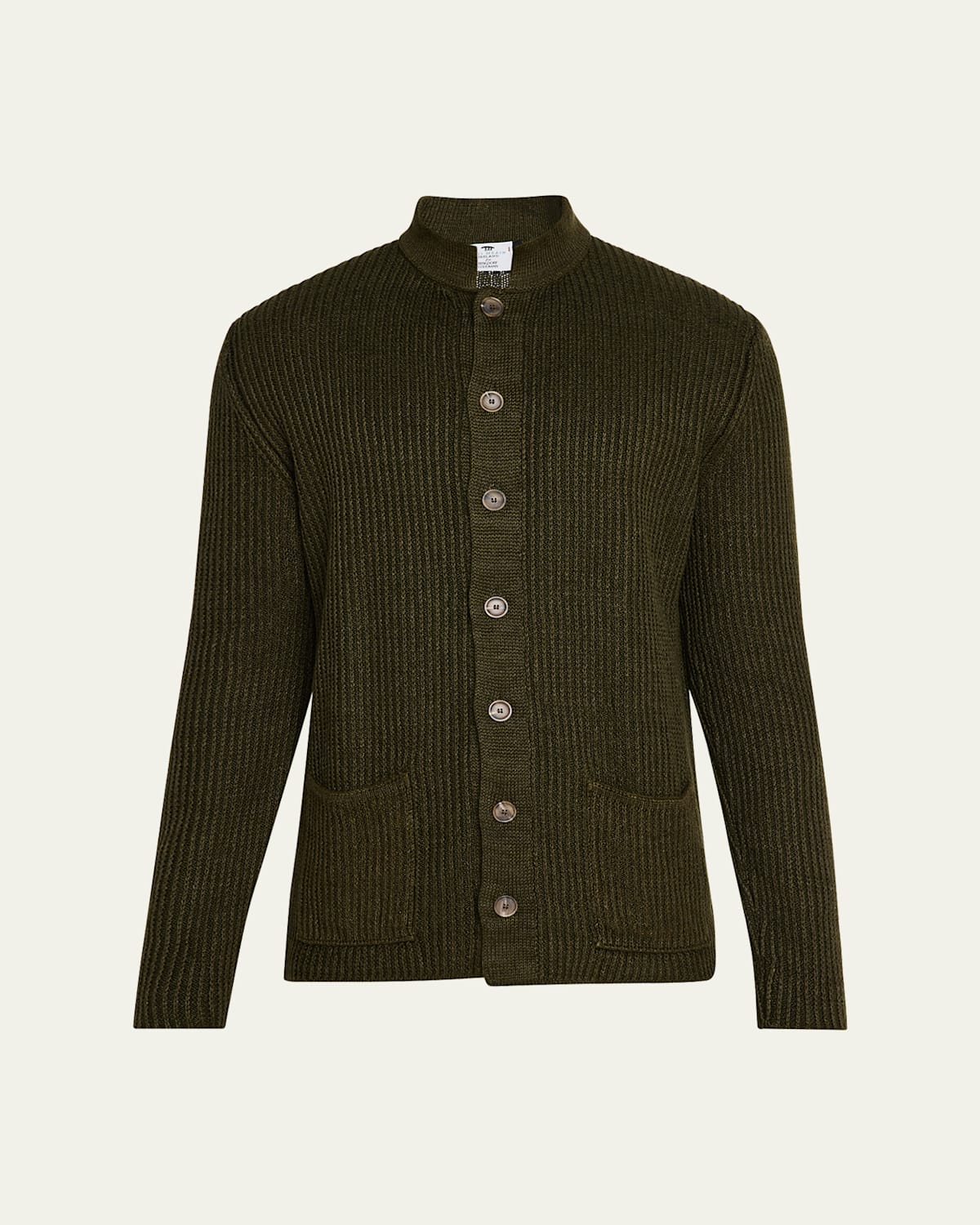 Inis Meain Men's Ribbed Linen Cardigan Sweater In Khaki