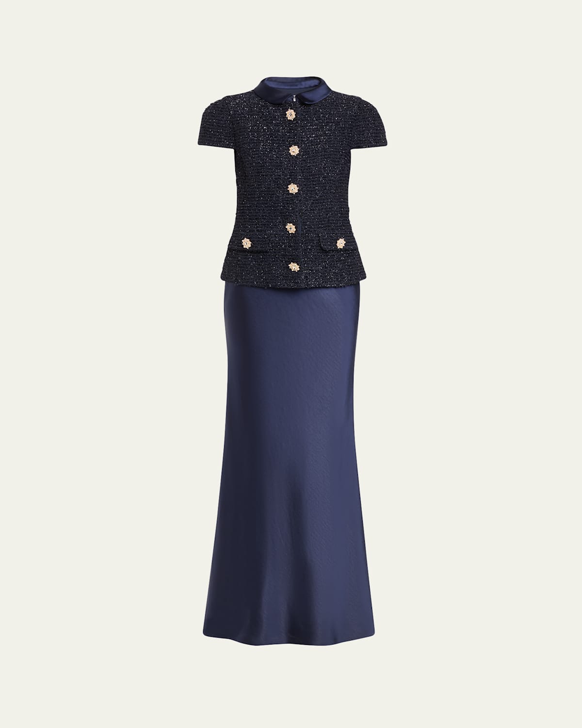 Self-portrait Layered Embellished Metallic Bouclé-tweed And Satin Maxi Dress In Blue