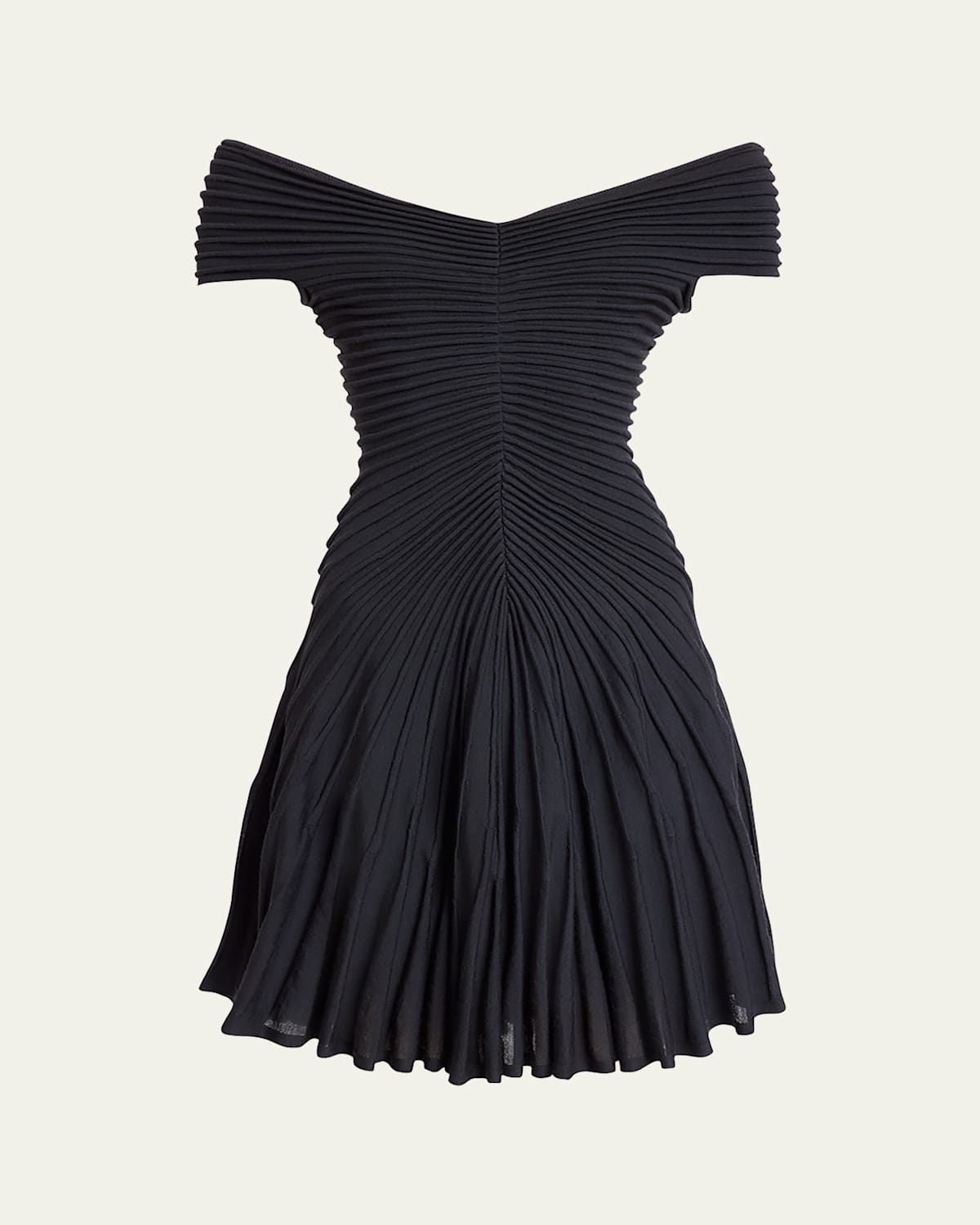 ALAÏA OFF-SHOULDER SCULPTING LINE FLARED WOOL MINI DRESS 