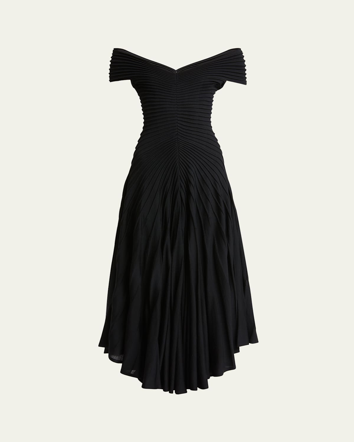 ALAÏA OFF-SHOULDER SCULPTING LINE FLARED WOOL MAXI DRESS 