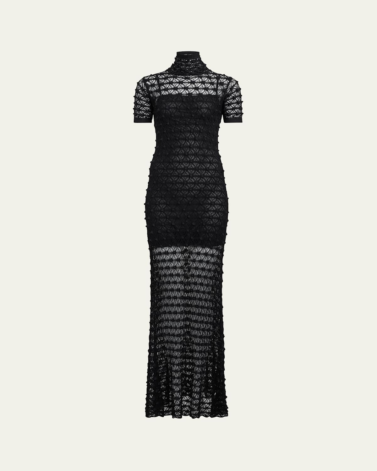 ALAÏA MOCK-NECK SHORT-SLEEVE SHEER LACE GOWN 