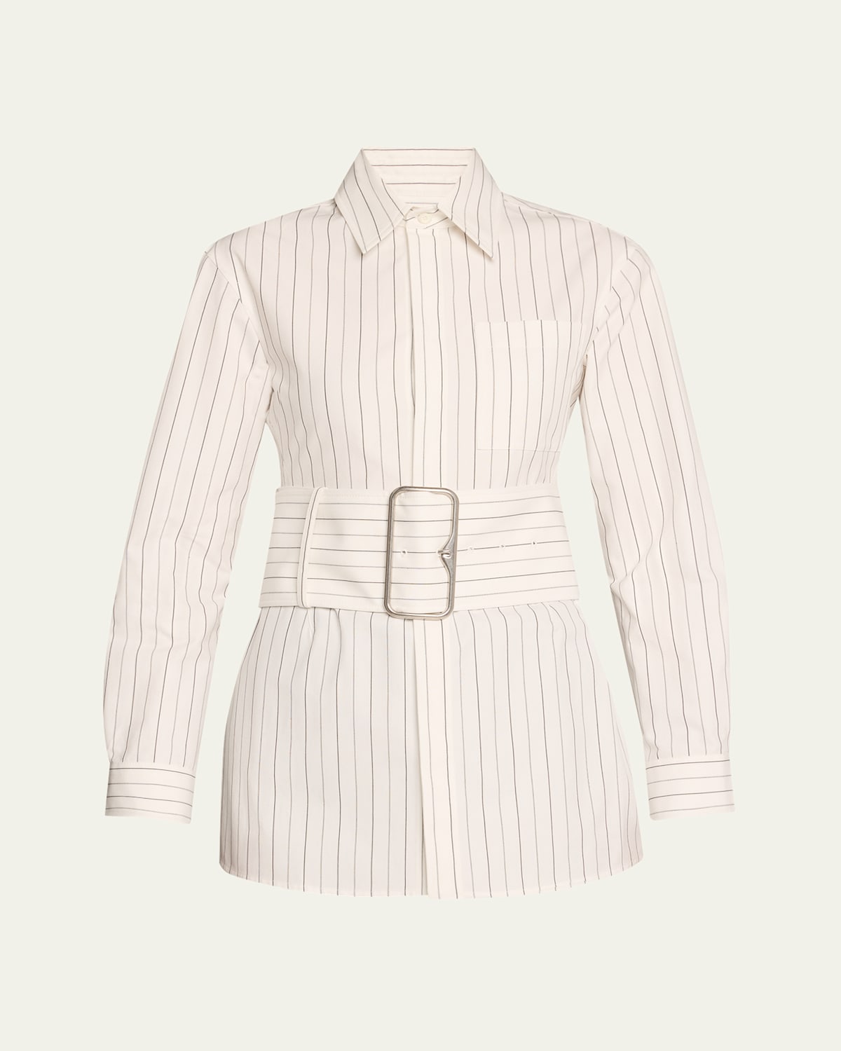 Burberry Belted Pinstriped Cotton-poplin Shirt In String/coal