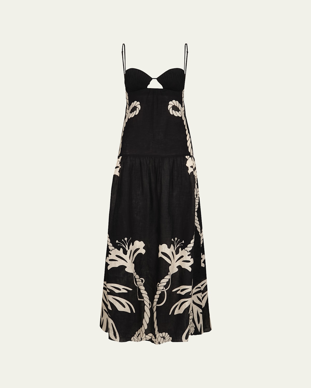 Shop Johanna Ortiz Enlightened Sailor Printed Sweetheart Linen Maxi Dress In Tropical Catch - Ecru-black
