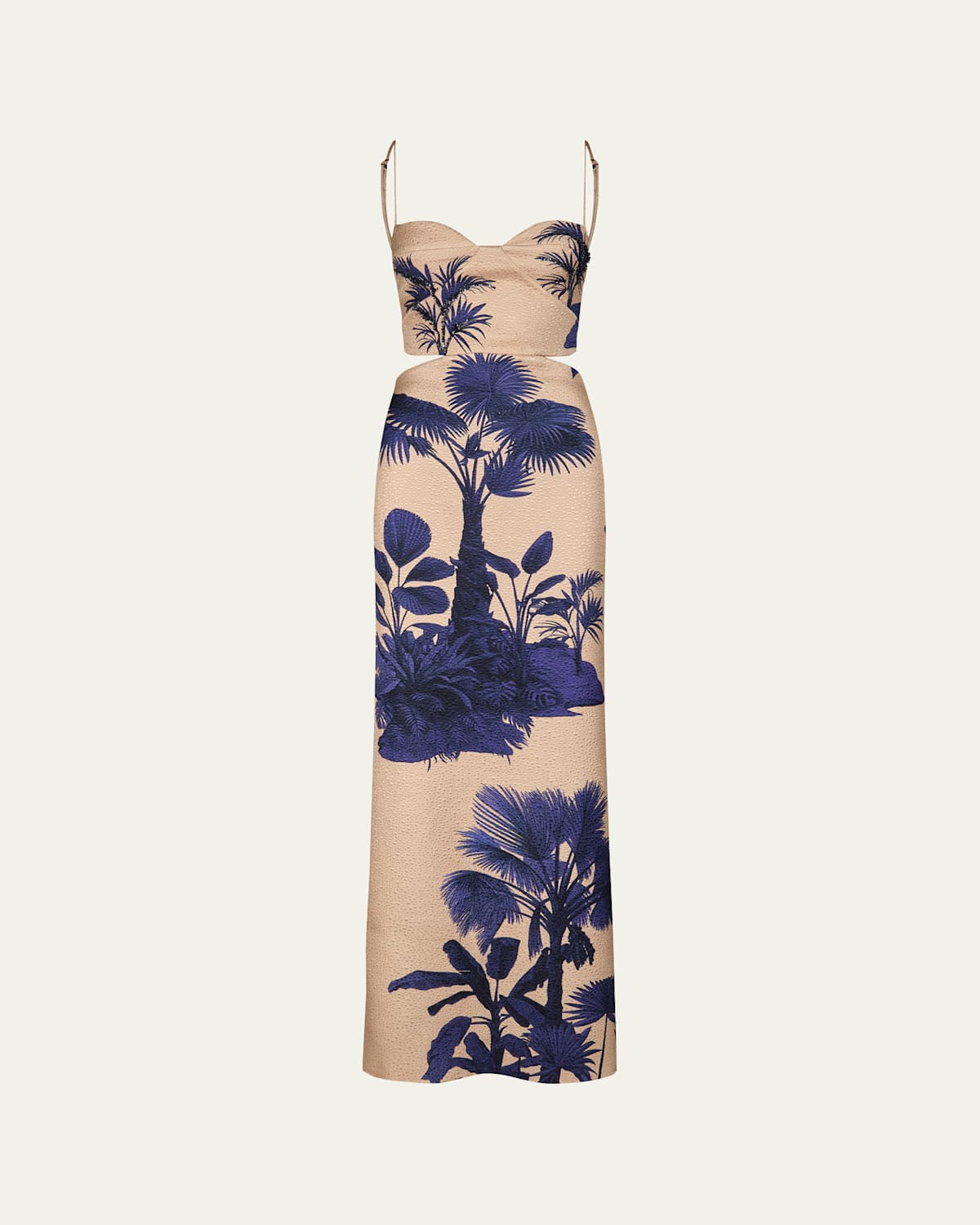 Shop Johanna Ortiz Ocean Of Secrets Cutout Wool Maxi Dress In Tropical Exuberance Allover -ecru-blue