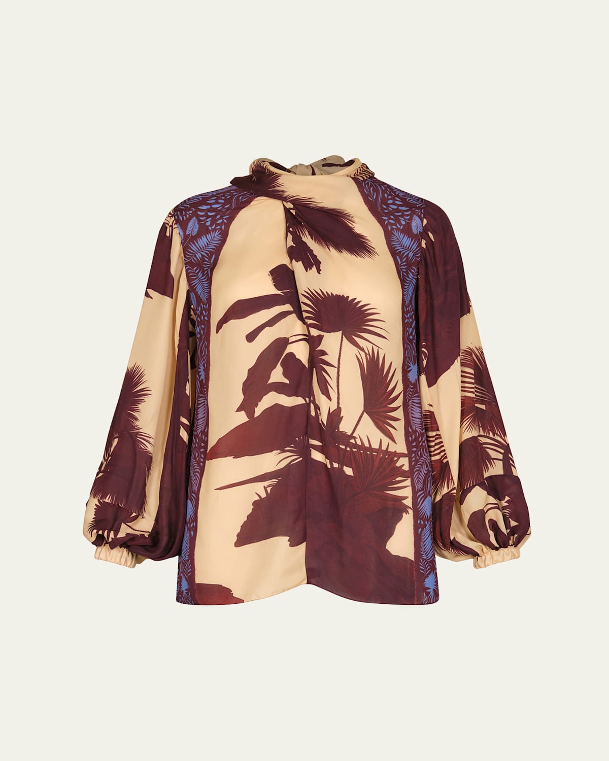 Johanna Ortiz Intricate Islands Cowl Printed Silk Blouse In Tropical Exuberance - Ecru-red-blue