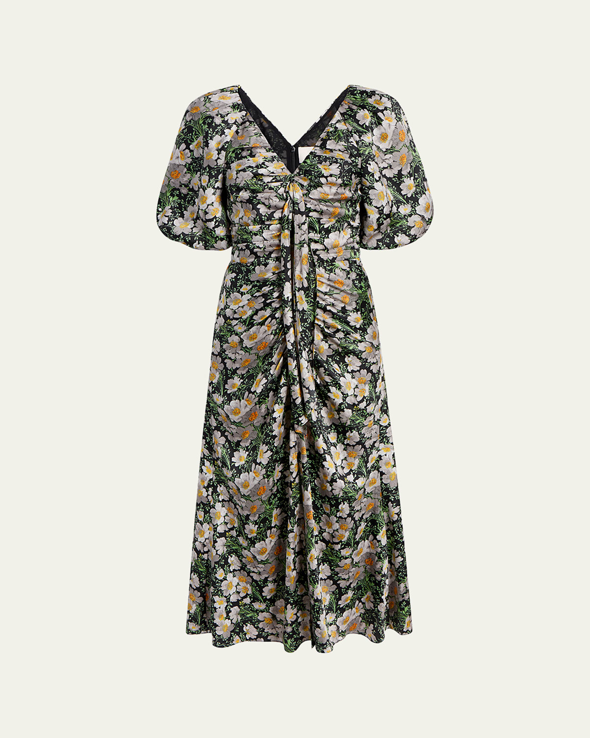 Shop Cinq À Sept Brenton Puff-sleeve Cosmo-flower Midi Dress In Black/london Fo
