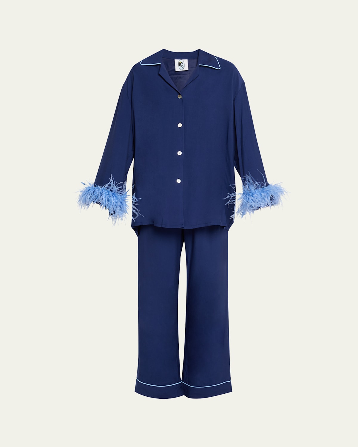 Miss Cat Piped Feather-Trim Pajama Set
