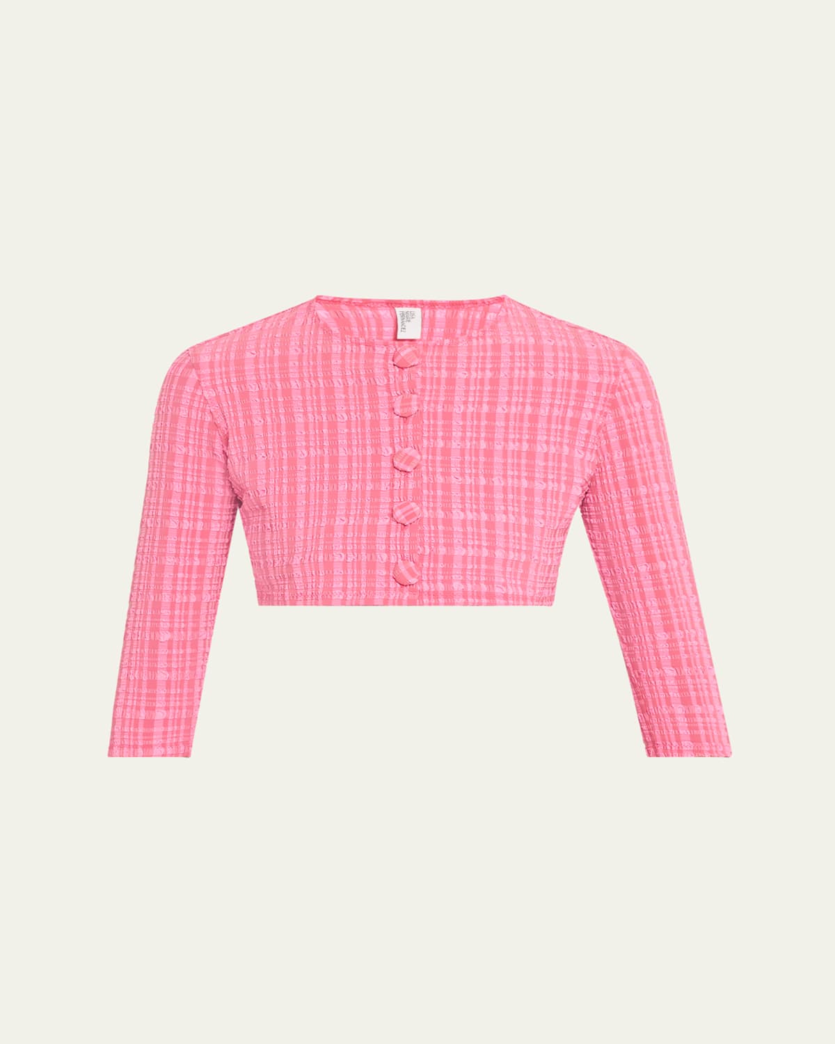 Lisa Marie Fernandez Striped Seersucker Cropped Swim Cardigan In Fuchsia Striped Seersucker