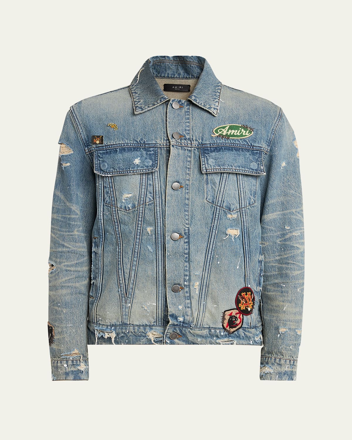 Amiri Vintage Pegasus Embellished Distressed Paint-splattered Denim Trucker Jacket In Antique Indigo