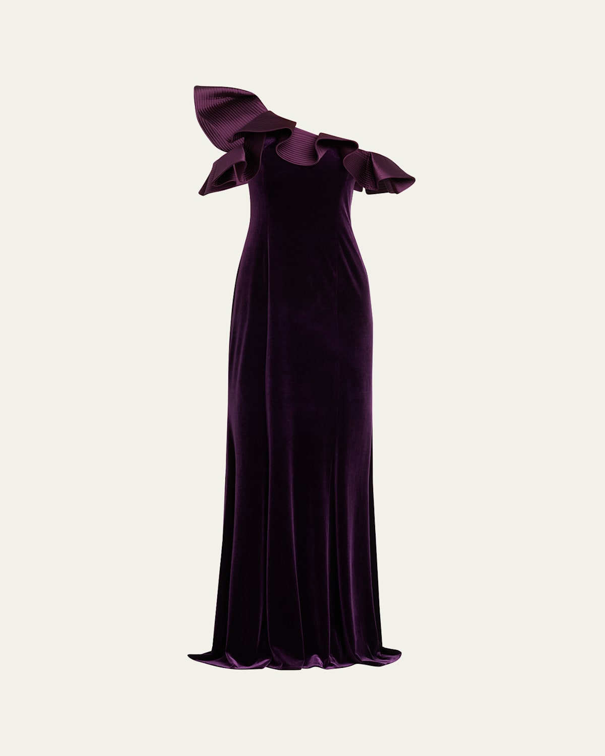 Rickie Freeman For Teri Jon One-shoulder Ruffle Velvet Gown In Purple
