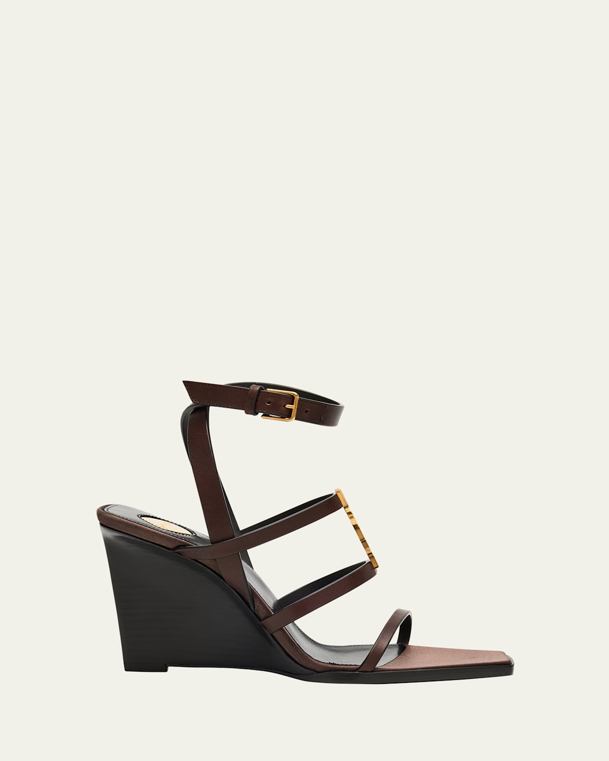 Shop Saint Laurent Cassandra Leather Ysl Wedge Sandals In Nero