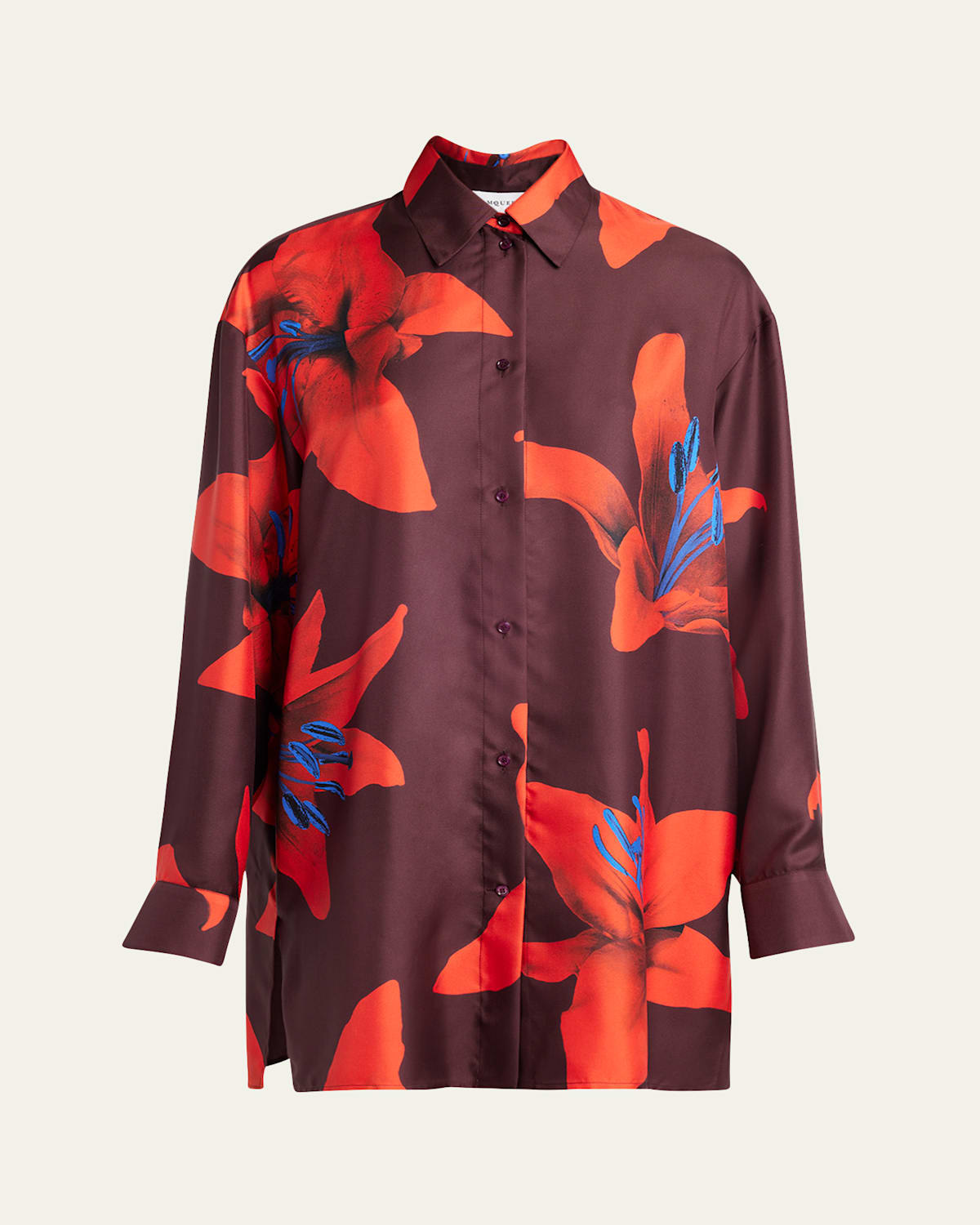 Alexander Mcqueen Silk Twill Pyjama Shirt With Flame Lily Print In Ruby Red
