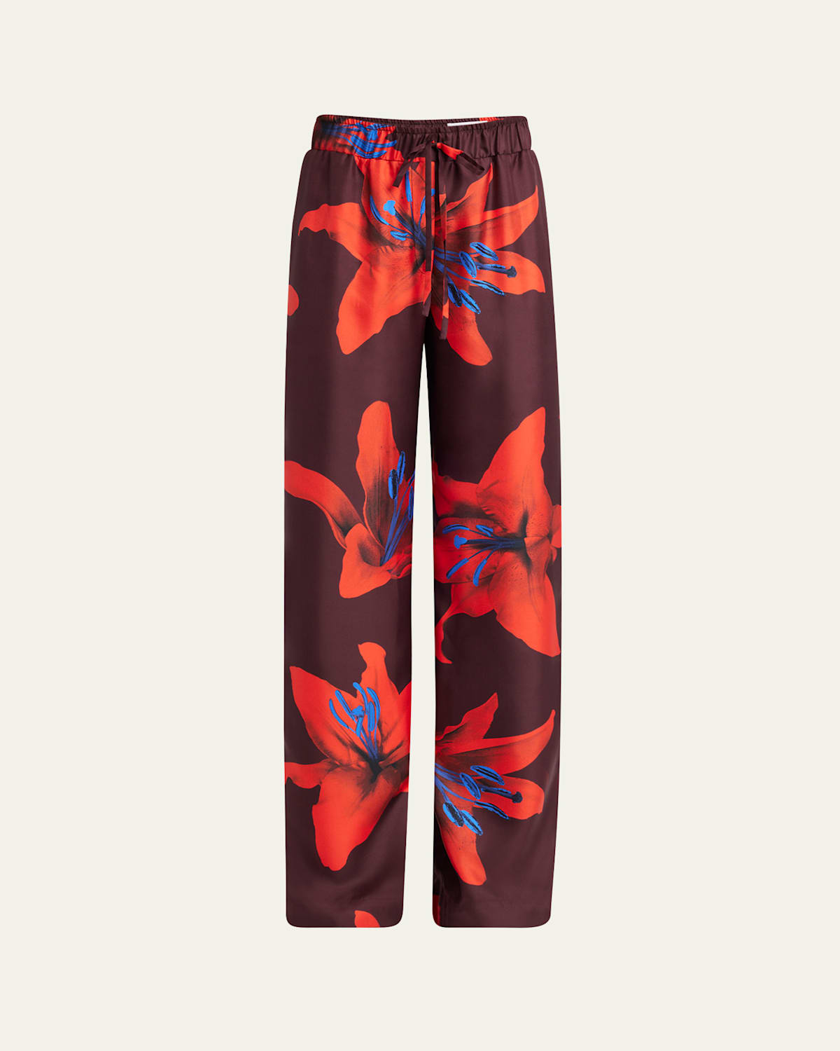 Alexander Mcqueen Wide-leg Silk Twill Trousers With Flame Lily Print In Ruby Red