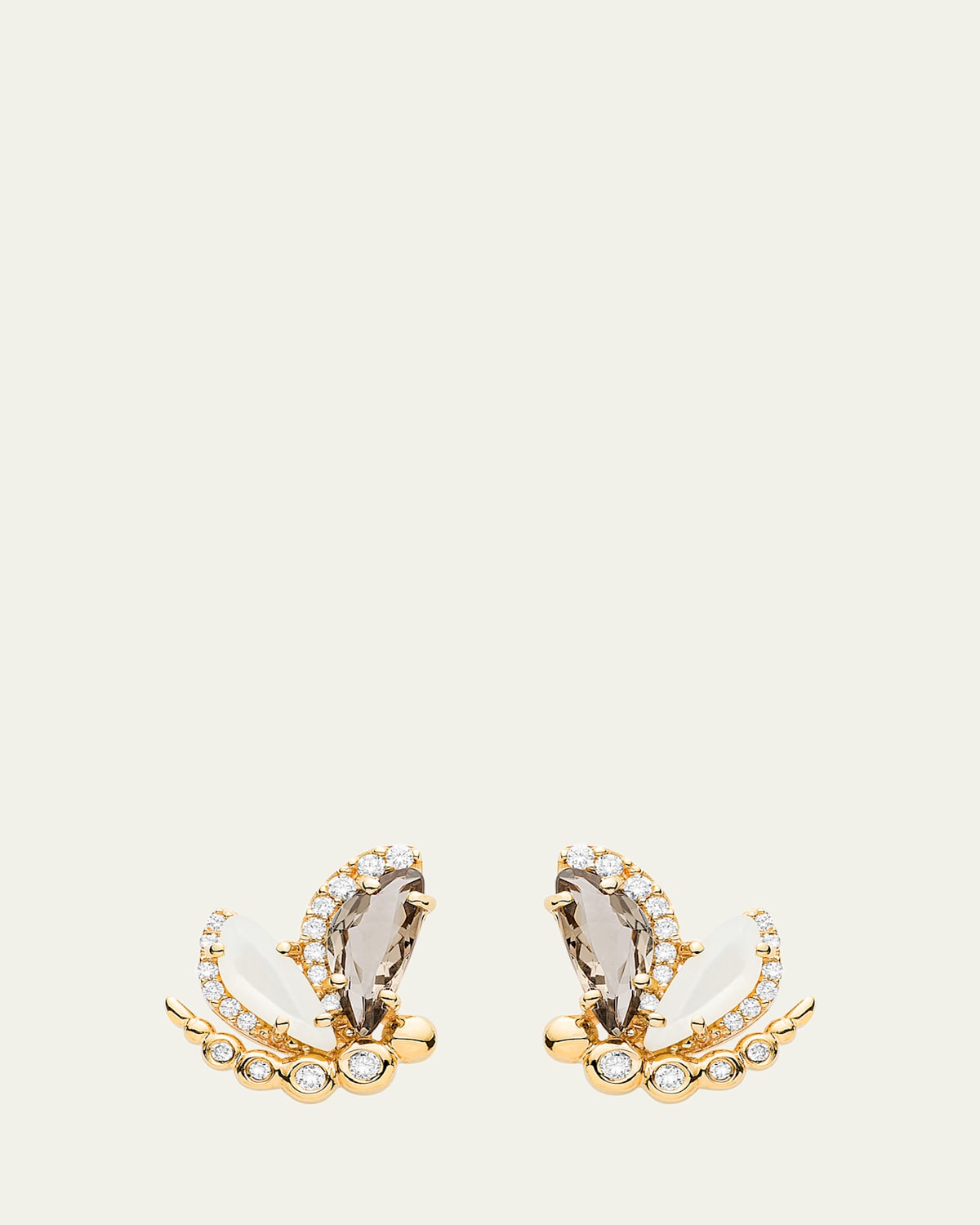 Petite Dragonfly Earrings in 18K Rose Gold with Smokey Quartz, Mother of Pearl and Diamonds