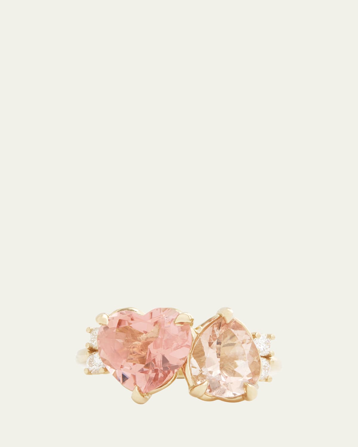18K Yellow Gold Pink Tourmaline Heart and Morganite Pear Ring with Diamonds