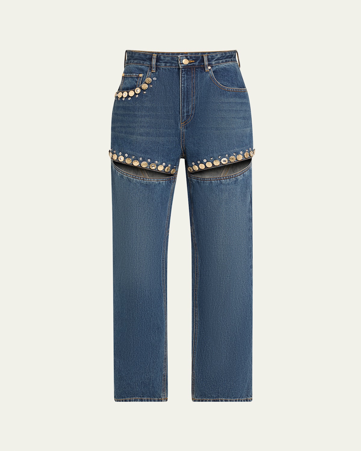 Shop Area Crystal Button Studded Slit Straight-leg Jeans In Dark Blue Wash