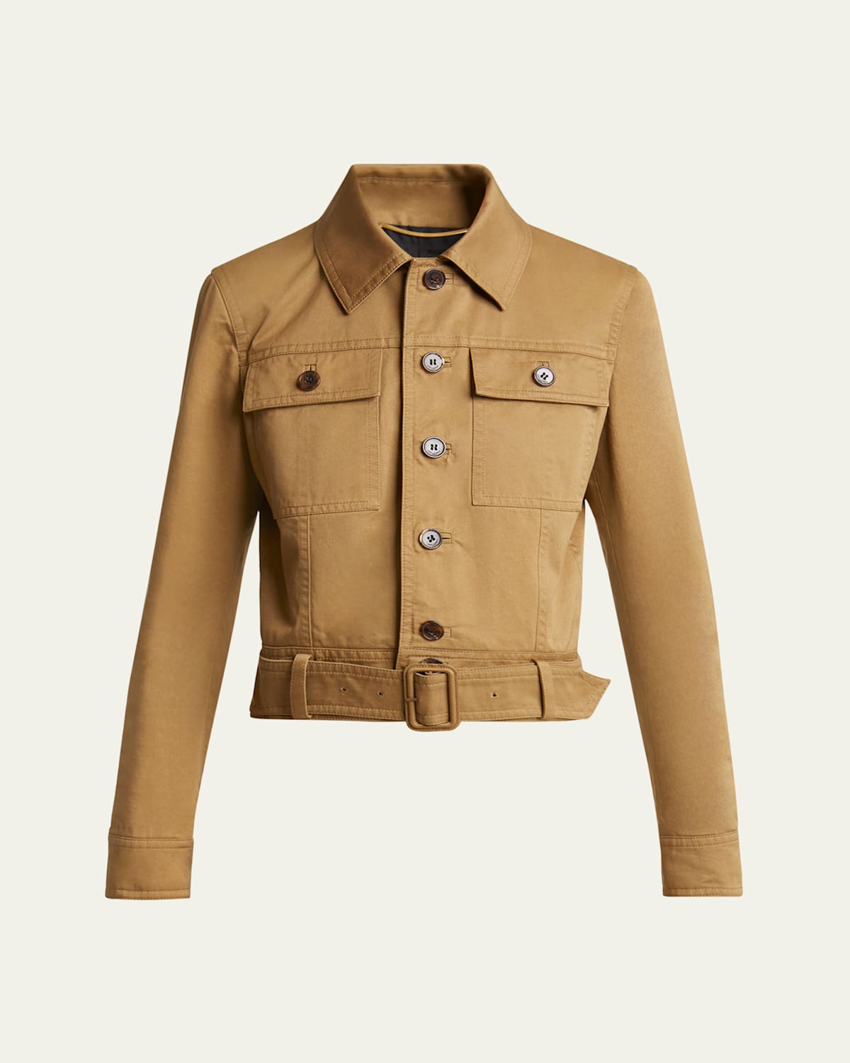 Saint Laurent Collared Button Down Belted Jacket In Gold
