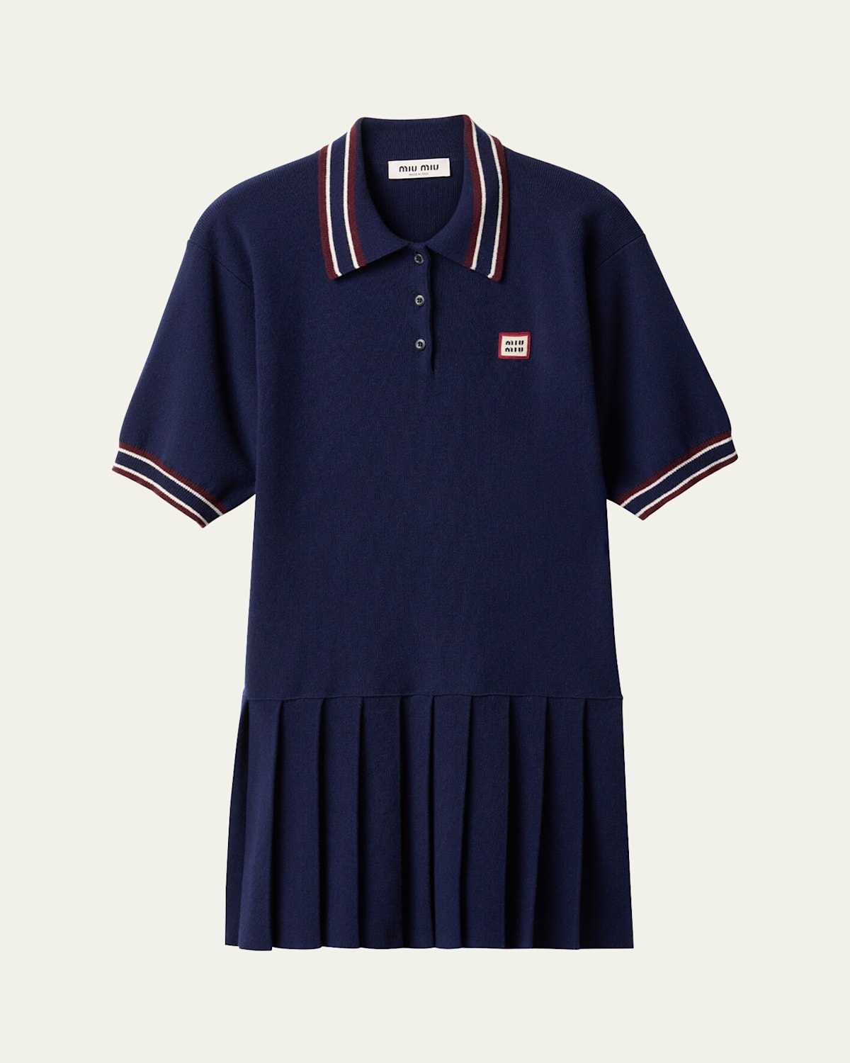 Short-Sleeve Pleated Mini Polo Cashmere Wool Dress