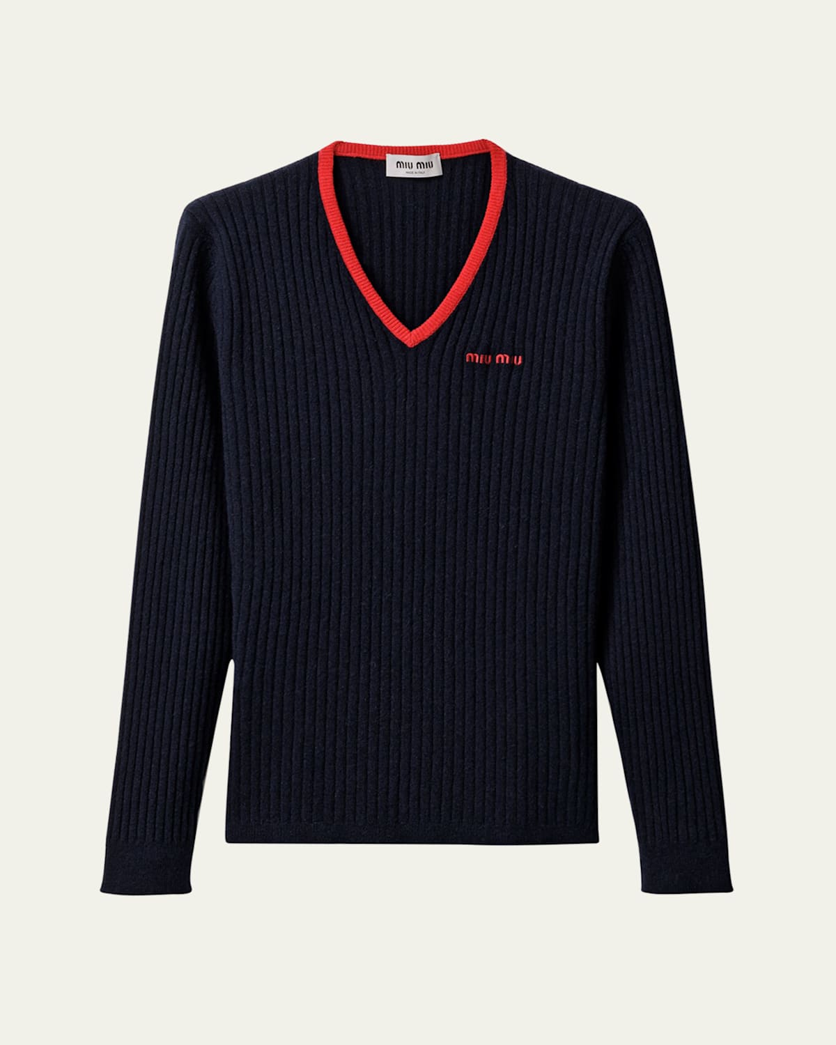 Ribbed V-Neck Long Sleeve Cashmere Sweater