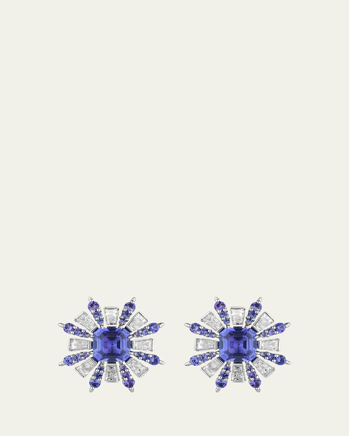 Retro Burst Platinum Tanzanite and Sapphire Stud Earrings with Diamonds