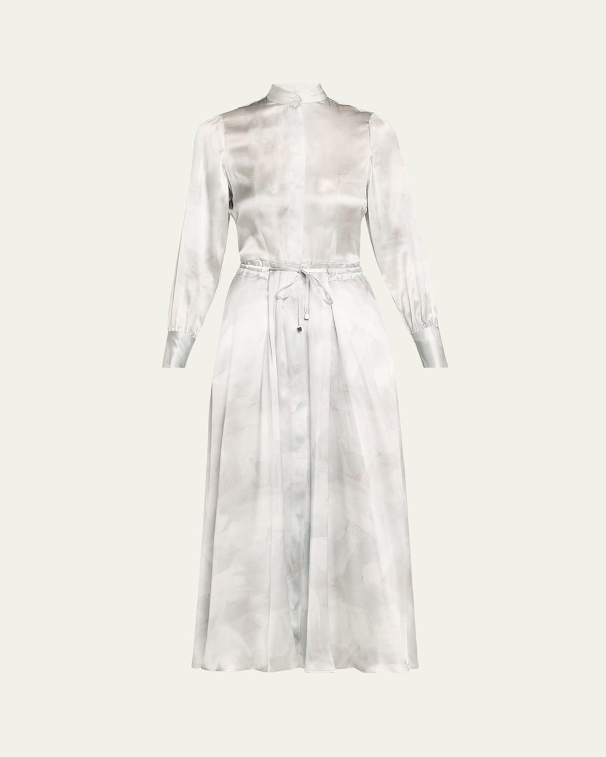 Long Sleeve Printed Drawstring Silk Dress