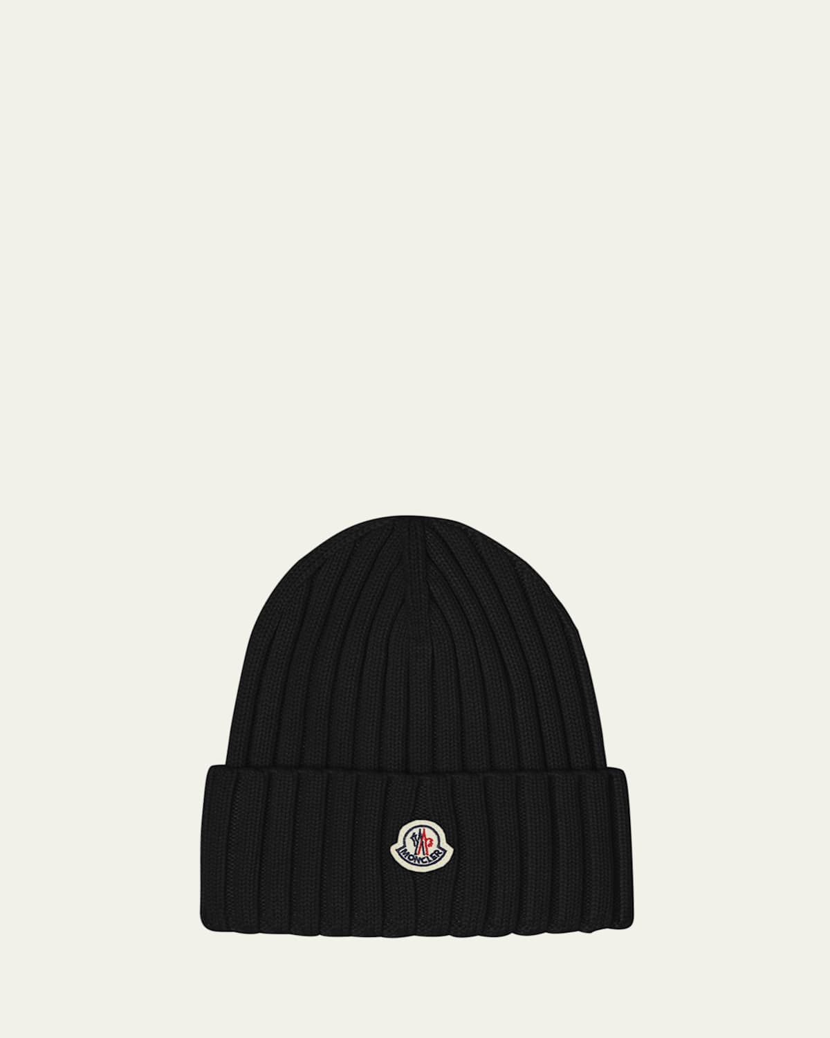 Moncler Ribbed Wool Logo Beanie In Black