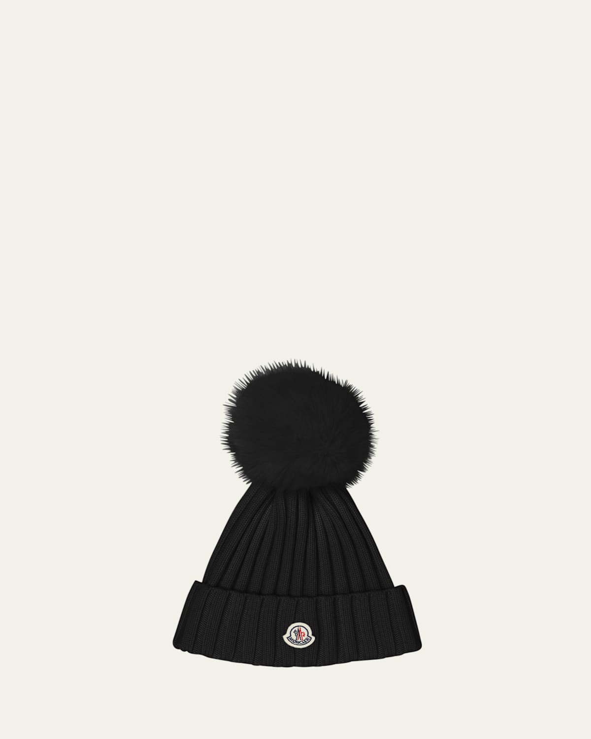 MONCLER RIBBED LOGO BEANIE WITH FAUX FUR POM 