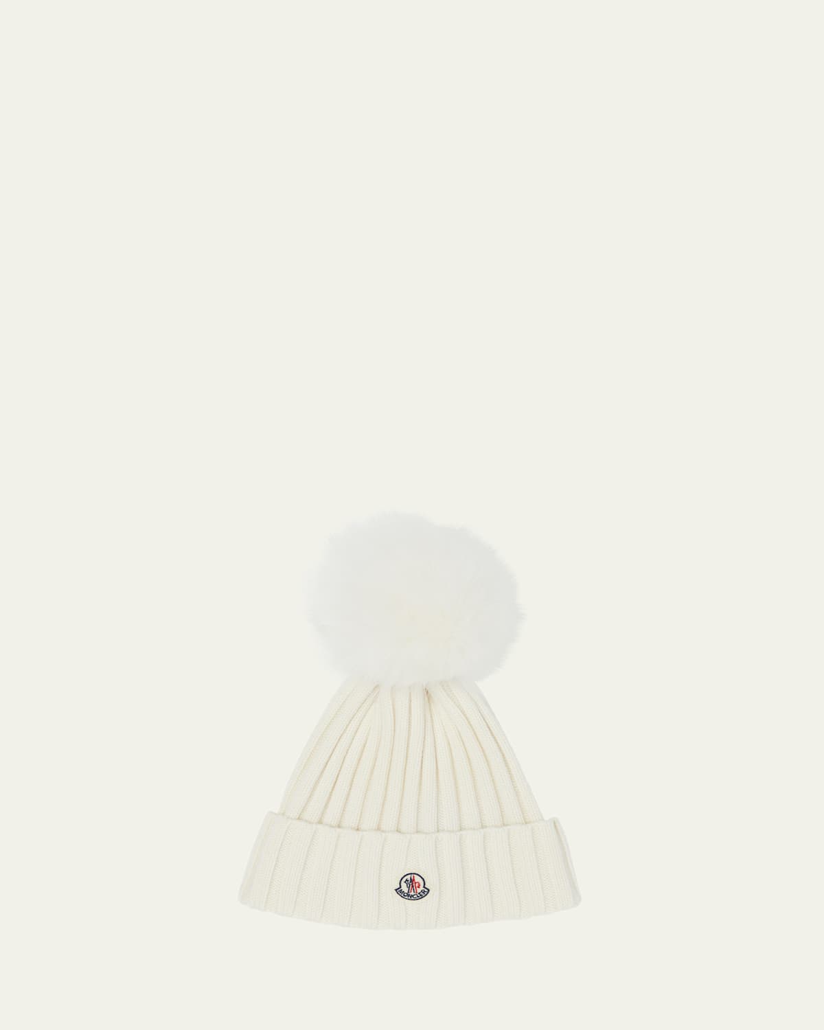 Shop Moncler Ribbed Logo Beanie With Faux Fur Pom In Natural