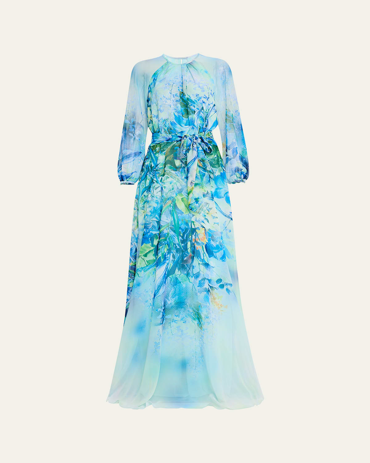 Rickie Freeman For Teri Jon Floral-print Chiffon Gown In Blue Multi