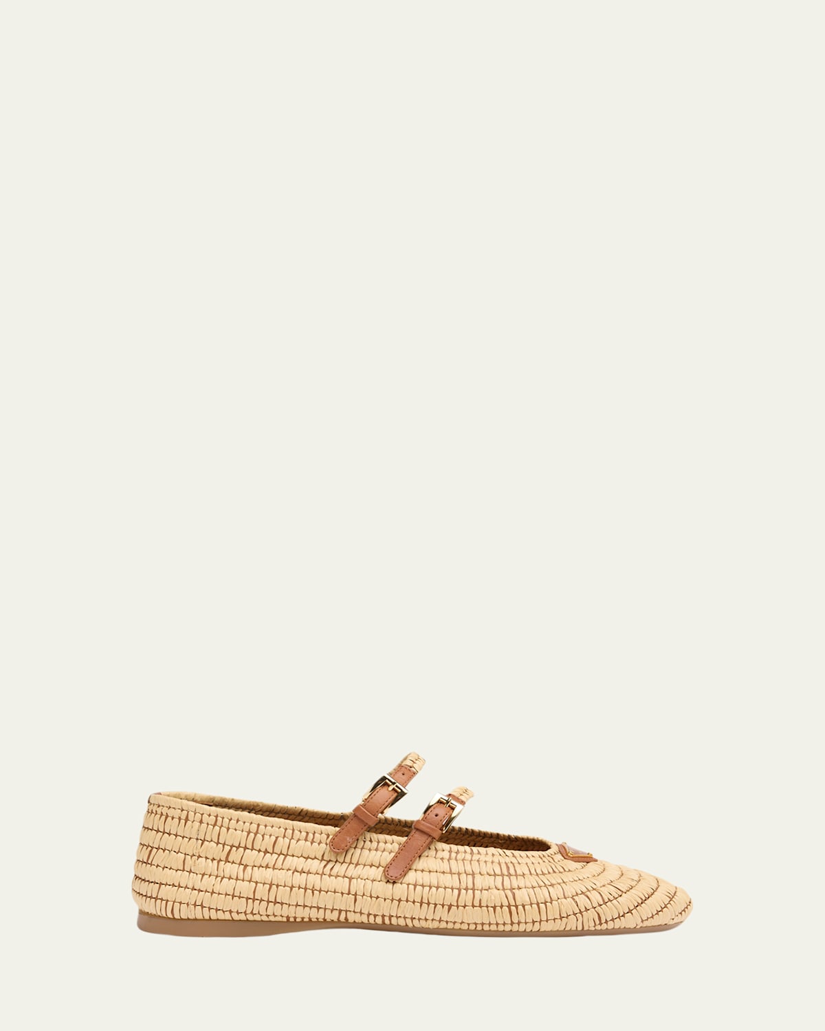 Prada Stuoia Raffia Dual Mary Jane Ballerina Flats In Beige