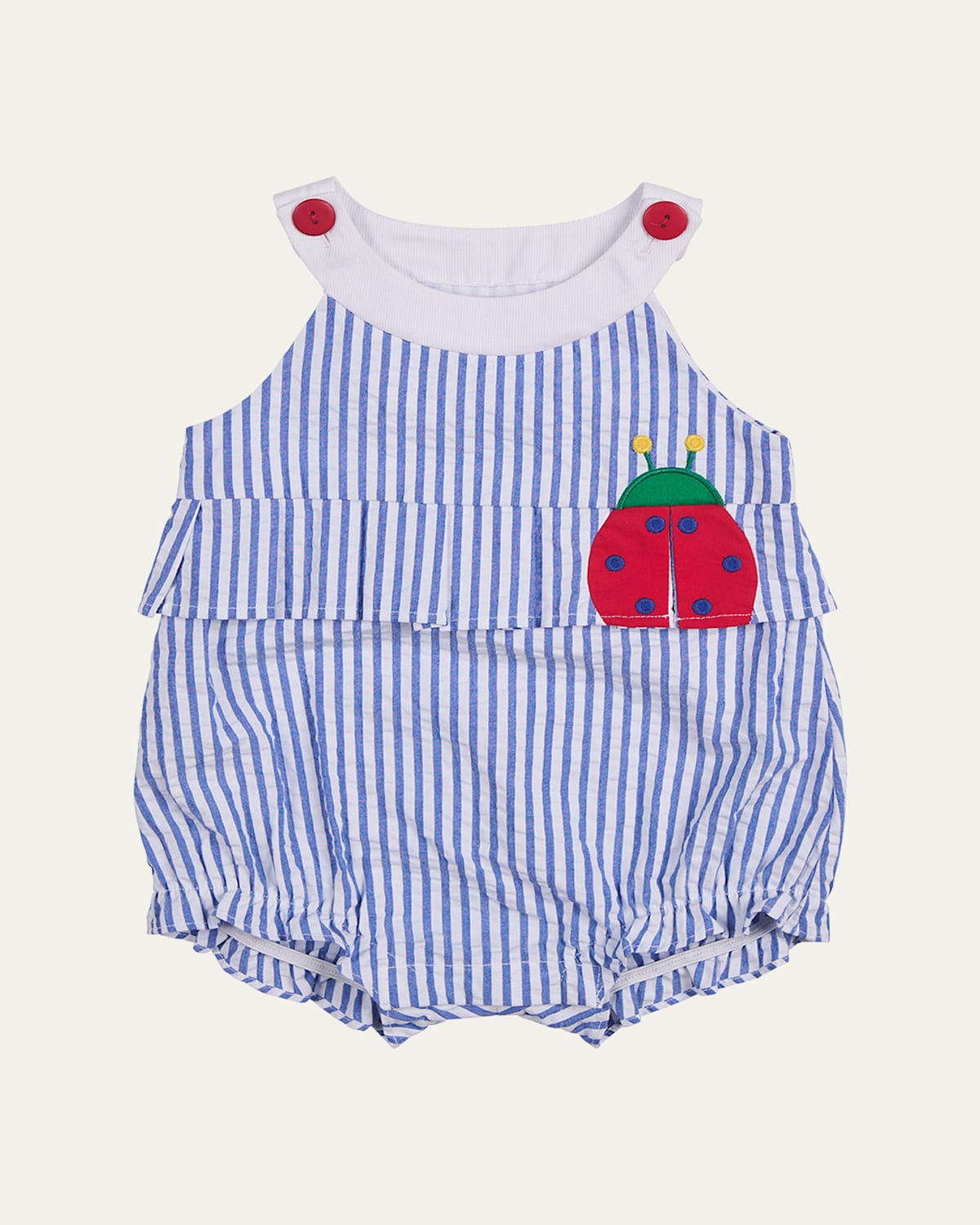 Florence Eiseman Girl's Ladybug Cotton Stripe Seersucker Romper In Royal