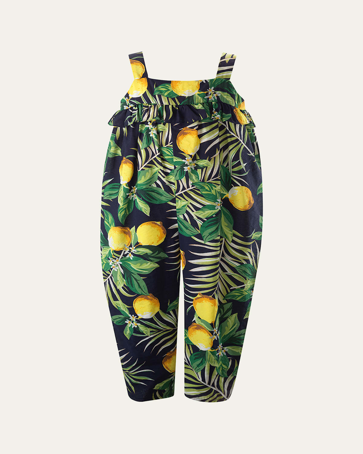 Rachel Riley Girl's Lemon-print Ruffle Jumpsuit In Navy