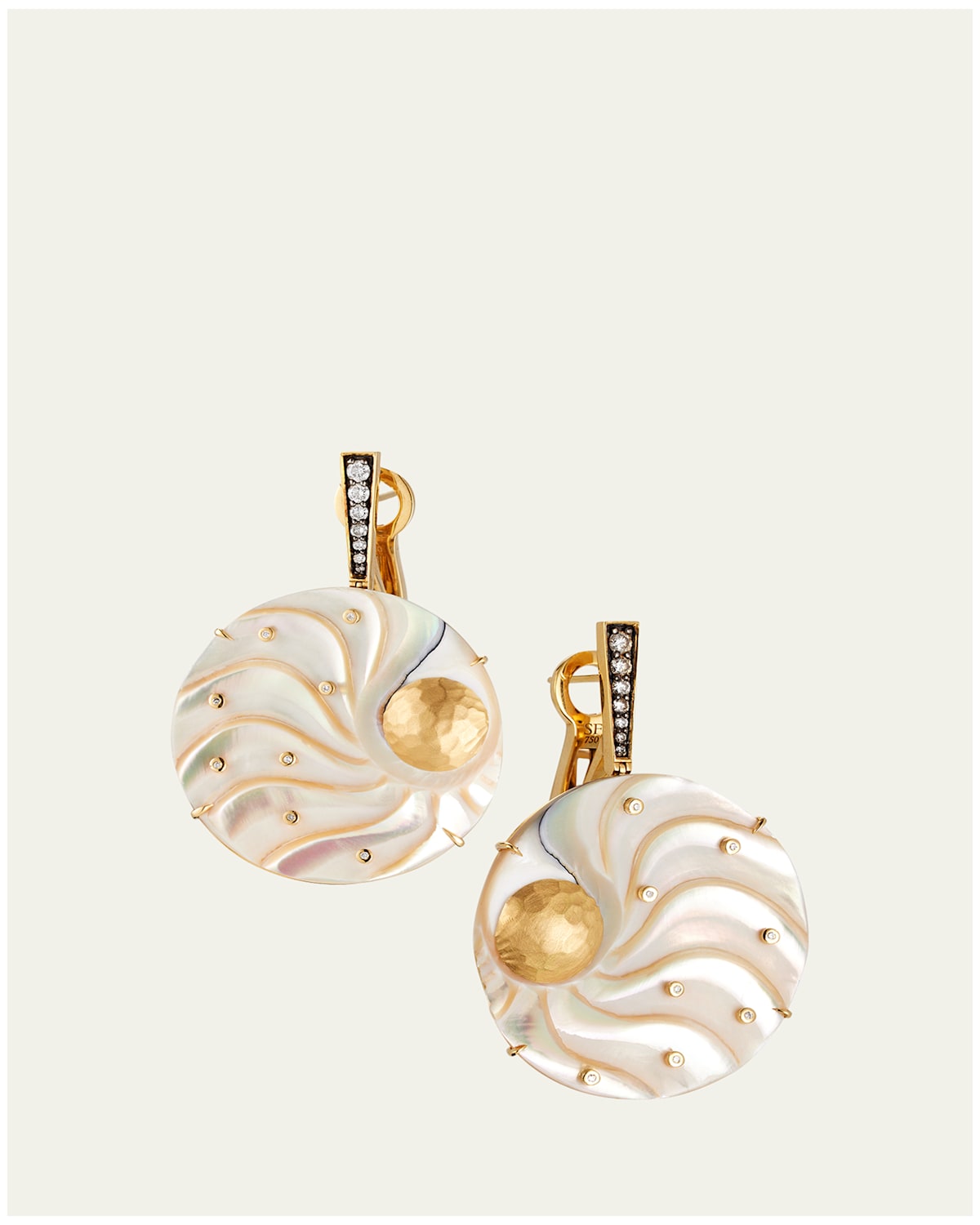 18K Yellow Gold Nautilius Shell Earrings with Diamonds