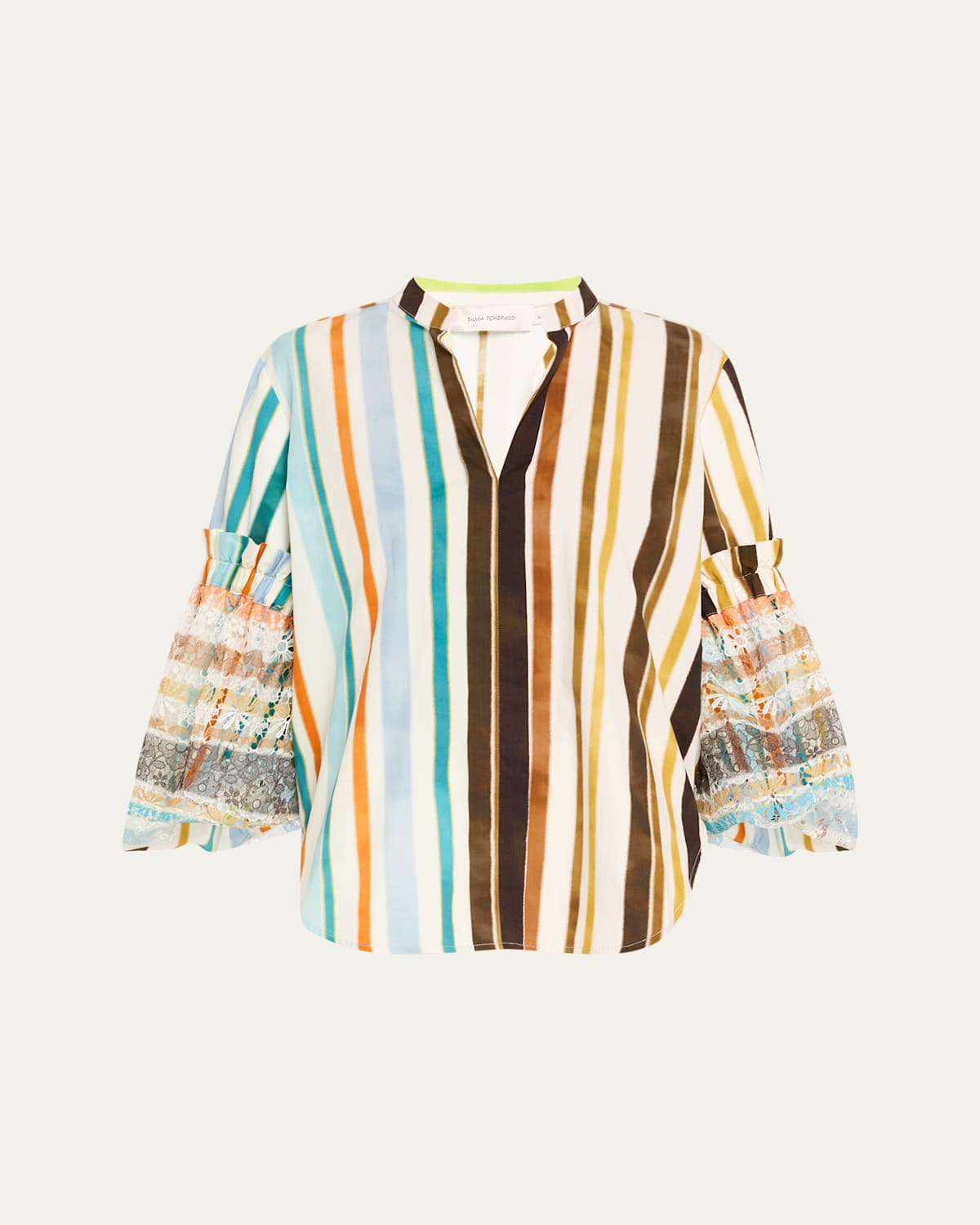 Silvia Tcherassi Nuru Striped Eyelet Puff-sleeve Blouse In Multi Color Stripes