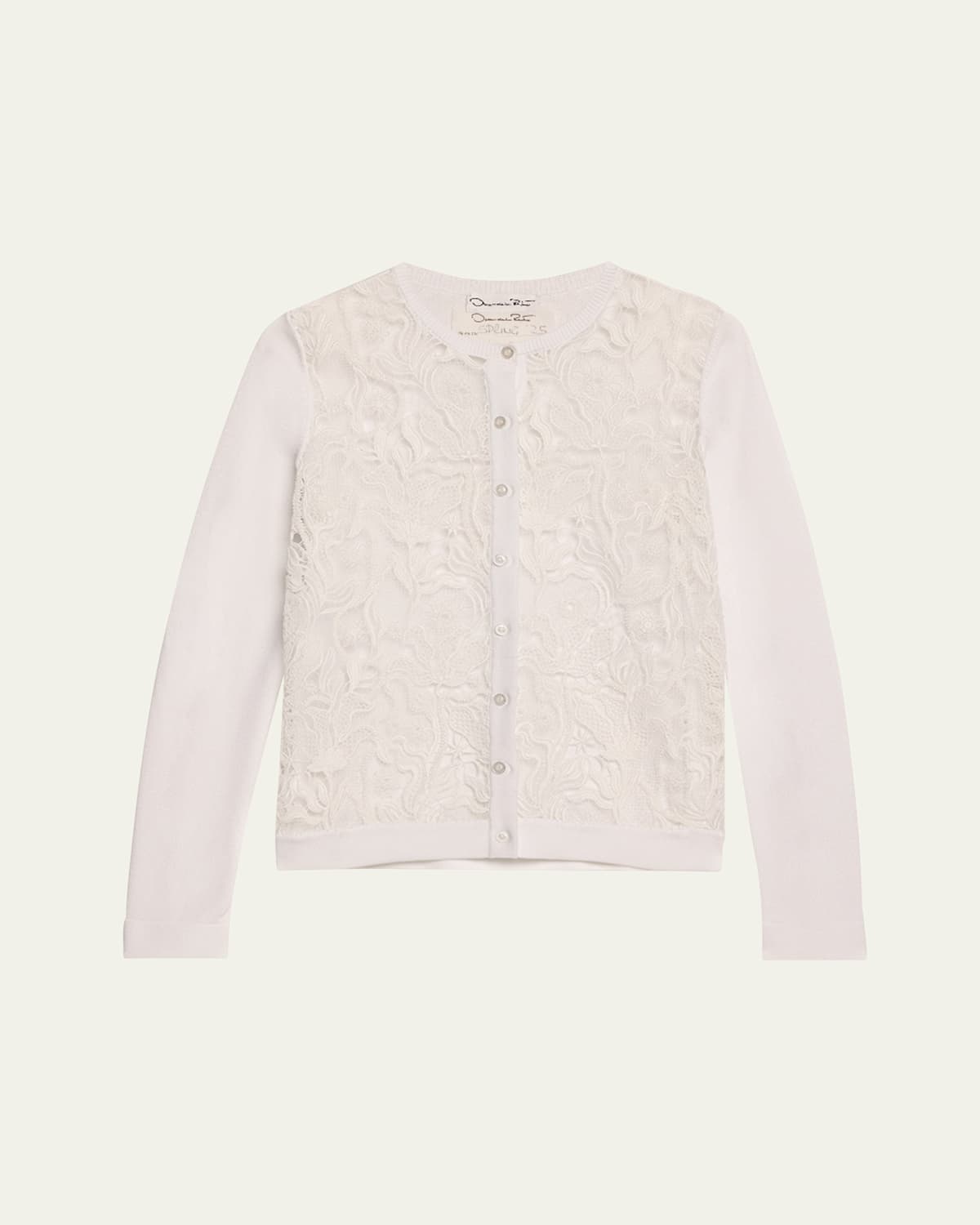 Shop Oscar De La Renta Bellflower Guipure Inset Crewneck Cardigan In White