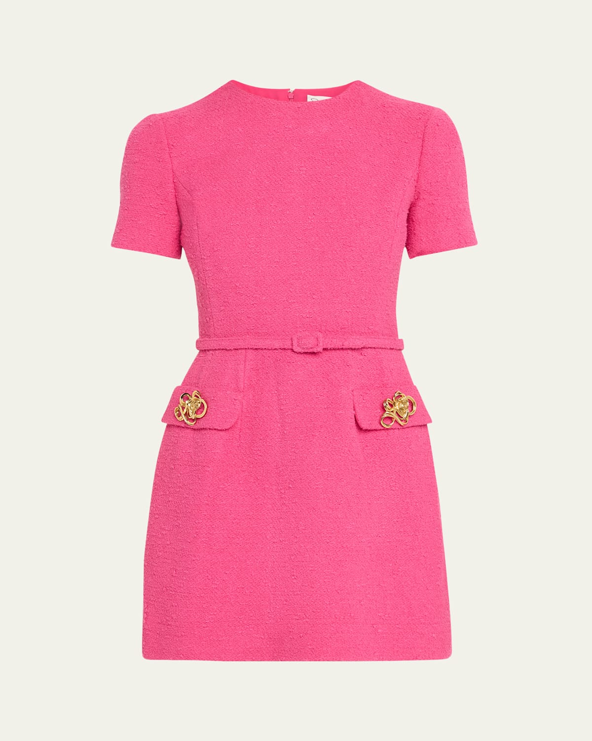 OSCAR DE LA RENTA SHORT-SLEEVE ROSE-BUTTON TWEED MINI DAY DRESS WITH BELT 